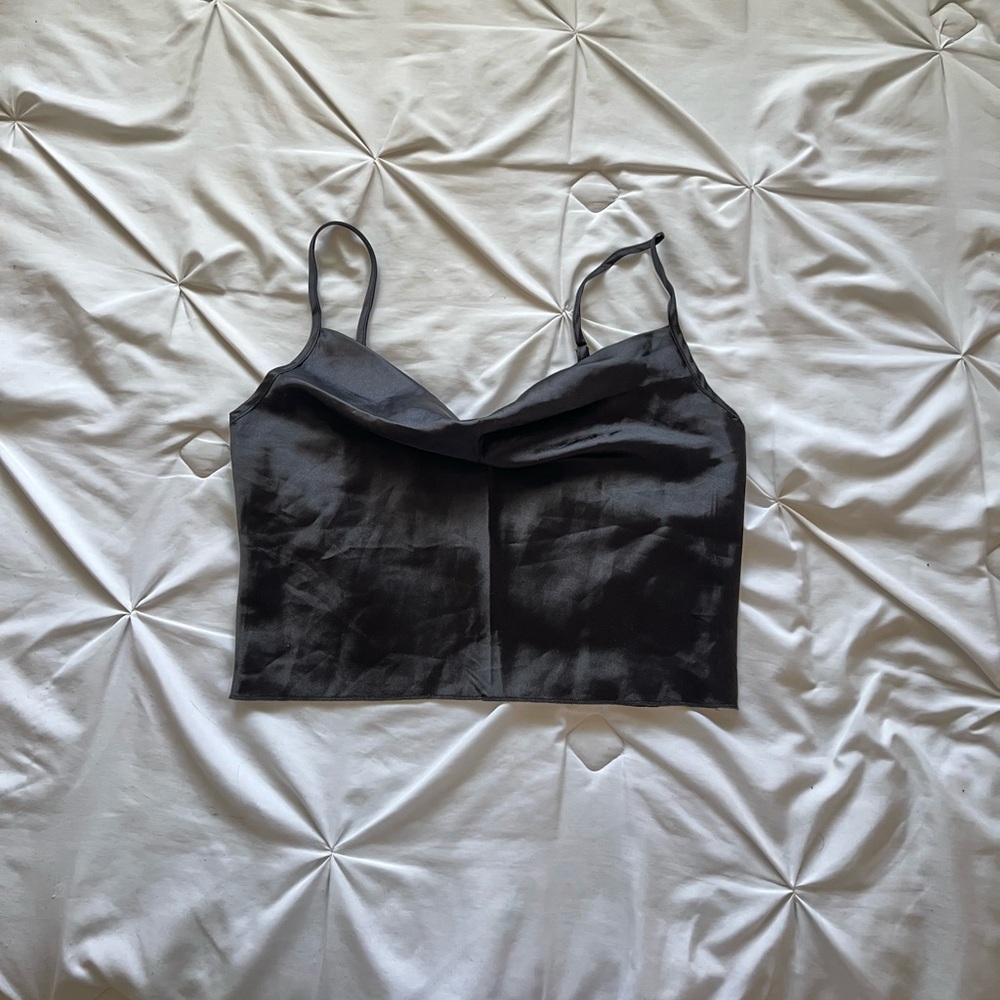 Sleek Black Satin Cowl Neck Crop Cami Top
